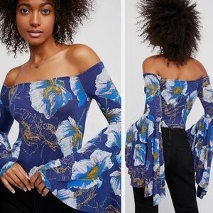 WE THE FREE | Womens Navy Birds of Paradise Bell Sleeves Floral Print Top size S